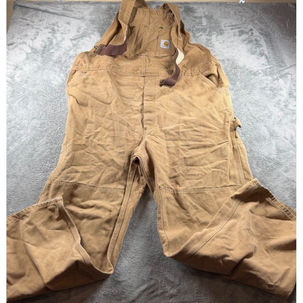 Carhartt Bib Overalls Mens 42x31 Tan Duck Double Knee Distressed